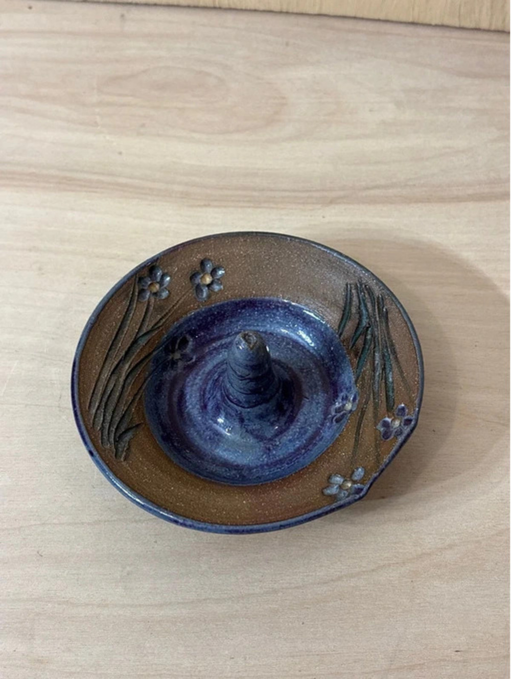 Hand Thrown Studio Pottery Ring Dish Signed Dated Floral Blue Purple Stoneware